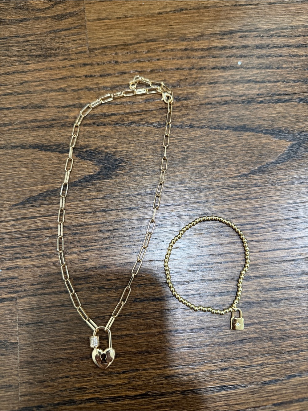 Trendy boutique Gold Heart Padlock Necklace with Matching Gold Beaded Bracelet